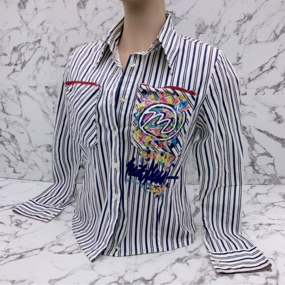 Women’s Miskeen Navy | White Striped Hand-Painted Button Down Shirts NWT - Picture 1 of 3
